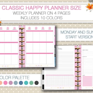 Peut inclure: Une page de planificateur imprimable avec un design à rayures roses et blanches. La page est divisée en sections pour chaque jour de la semaine, avec de l'espace pour les notes et les tâches. Le texte "CLASSIC HAPPY PLANNER SIZE" est en haut de la page, ainsi que le texte "WEEKLY PLANNER ON 4 PAGES" et "INCLUDES 10 COLORS". Le texte "MONDAY AND SUNDAY START VERSIONS" est également inclus. Une palette de couleurs est affichée en bas de la page.