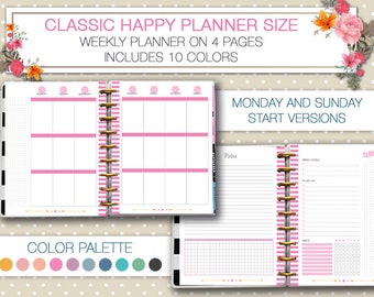 Happy planner printable undated weekly planner on 4 pages vertical layout WO4P notes and tracker 10 colors monday sunday start