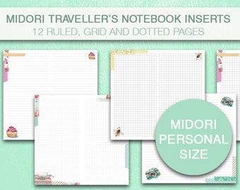 May include: A set of 12 Midori Traveler's Notebook inserts in personal size. The inserts feature ruled, grid, and dotted pages. The pages are decorated with cute illustrations of cupcakes, bees, and cameras. The text "MIDORI PERSONAL SIZE" is displayed on a green circle.
