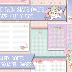 Könnte beinhalten: Ein Satz von 24 druckbaren Little Twin Stars-Planerseiten im A5-Format (10,4 cm x 14,7 cm). Die Seiten umfassen linierte, gepunktete und karierte Layouts. Die Seiten zeigen Illustrationen der Little Twin Stars-Charaktere.