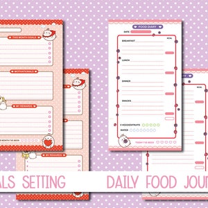 May include: Two printable pages with pink and red borders. The first page is a goal setting planner with the text "This Month Goals", "Motivational", and "My Rewards". The second page is a food diary with the text "Food Diary", "Date", "Breakfast", "Lunch", "Dinner", "Snacks", "5 Veggies/Fruits", "Water", and "Today I've Been".