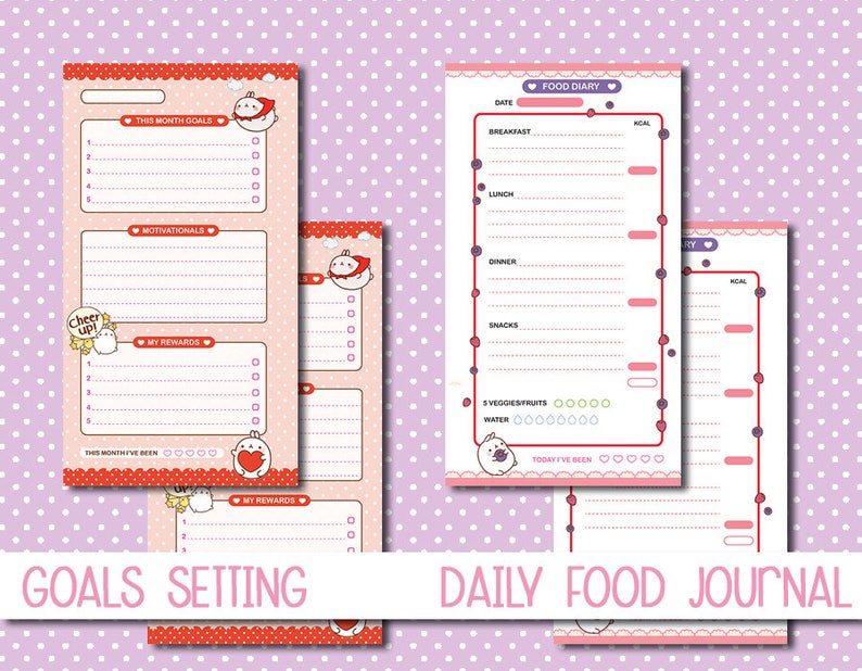 May include: Two printable pages with pink and red borders. The first page is a goal setting planner with the text "This Month Goals", "Motivational", and "My Rewards". The second page is a food diary with the text "Food Diary", "Date", "Breakfast", "Lunch", "Dinner", "Snacks", "5 Veggies/Fruits", "Water", and "Today I've Been".