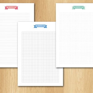 May include: Three printable note paper templates with different styles: lined, grid, and dotted. Each template has a blue, red, or green ribbon with the word "NOTES" printed on it.