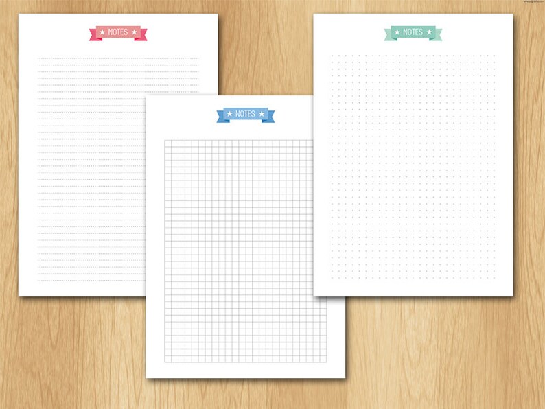 May include: Three printable note paper templates with different styles: lined, grid, and dotted. Each template has a blue, red, or green ribbon with the word "NOTES" printed on it.