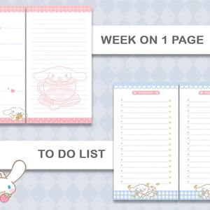 May include: A printable planner page with a weekly schedule on the left and a to-do list on the right. The page features a cute cartoon dog character in a pink and blue color scheme. The text "WEEK ON 1 PAGE" is at the top of the page.