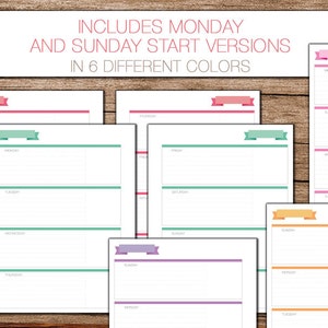 Puede incluir: Plantillas de planificador semanal imprimibles en seis colores diferentes, incluyendo rosa, verde azulado, morado, naranja, azul y rojo. Las plantillas incluyen versiones de inicio de lunes y domingo.