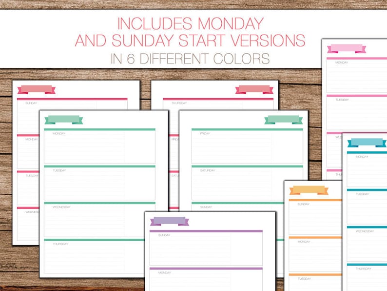Puede incluir: Plantillas de planificador semanal imprimibles en seis colores diferentes, incluyendo rosa, verde azulado, morado, naranja, azul y rojo. Las plantillas incluyen versiones de inicio de lunes y domingo.