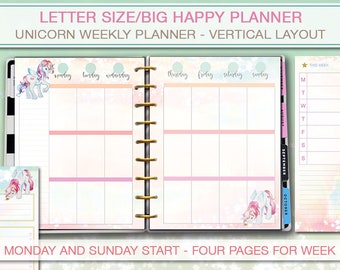 Big Happy Planner Letter size printable Unicorn Weekly Planner Inserts, vertical layout Printable Refills Mambi PDF