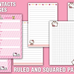 May include: Printable contact pages with a pink and white striped background and a cartoon character. The pages are labeled "Contacts Pages" and include fields for name, address, phone, and email. The pages also include a ruled page and a squared page.
