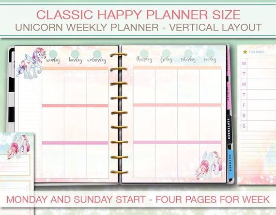 happy planner printable unicorn weekly planner inserts etsy