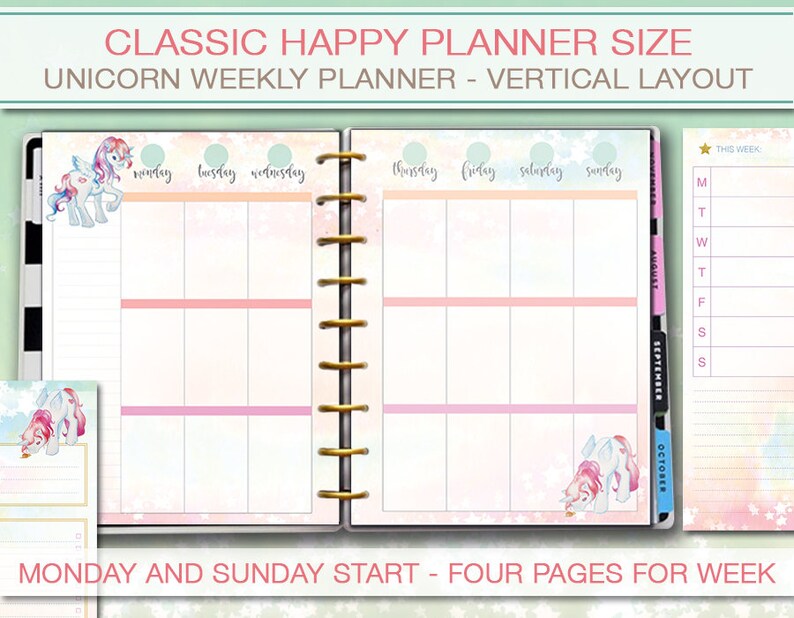 happy planner printable unicorn weekly planner inserts etsy