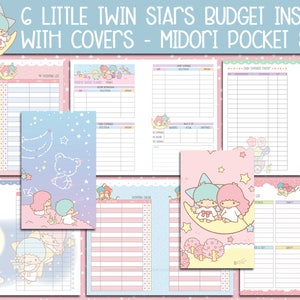 May include: Six Little Twin Stars budget inserts for a Midori pocket size planner. The inserts feature a pink and blue colour scheme with illustrations of the Little Twin Stars characters. The inserts include pages for tracking spending, income, and savings.