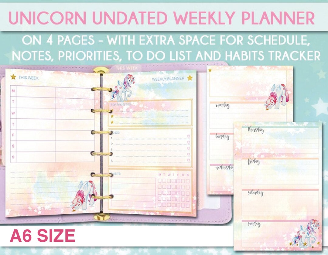 A6 Planner Insert Unicorn Weekly Undated Planner Printable Refills ...