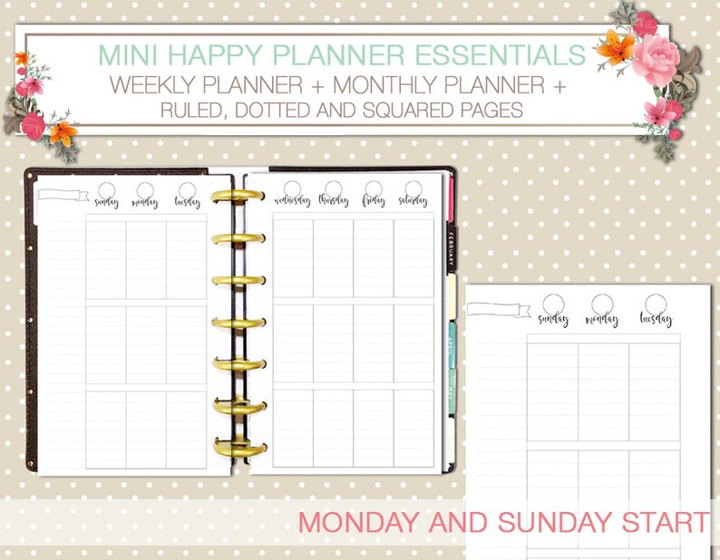 Mini Happy planner printable kit weekly and monthly planner inserts black and white ruled and dotted pages instant download mambi planner image 3