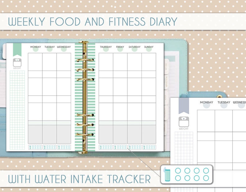 May include: A weekly food and fitness diary with a water intake tracker. The diary has a light blue cover with a gold binder. The pages are divided into sections for each day of the week. The water intake tracker has a light blue glass with eight circles.