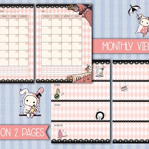 May include: A printable planner with a pink and black checkered pattern. The planner includes a monthly view, a weekly view on two pages, and a notes section. The planner is decorated with cute cartoon characters.