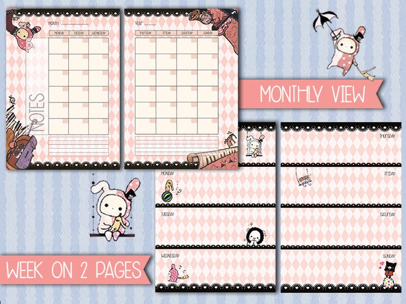 May include: A printable planner with a pink and black checkered pattern. The planner includes a monthly view, a weekly view on two pages, and a notes section. The planner is decorated with cute cartoon characters.