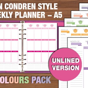 Puede incluir: Un planificador semanal estilo Erin Condren, tamaño A5, con una cubierta y páginas interiores rosas. El planificador presenta una doble página por semana, con espacio para notas y tareas diarias. El texto "UNLINED VERSION" es visible. La imagen también muestra un "6 COLOURS PACK".