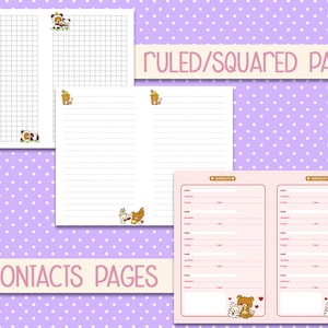 May include: Printable planner pages with a cute cartoon bear and panda design. The pages include ruled, squared, and contact pages.
