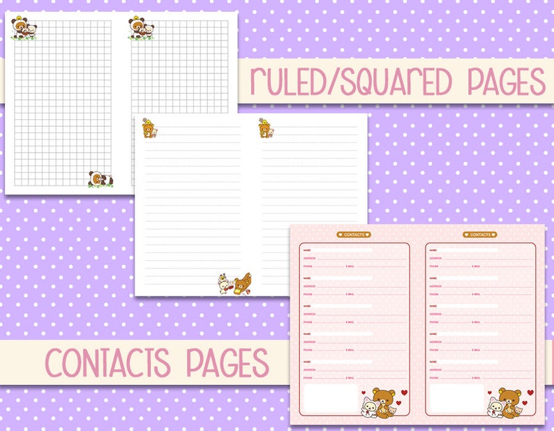 May include: Printable planner pages with a cute cartoon bear and panda design. The pages include ruled, squared, and contact pages.