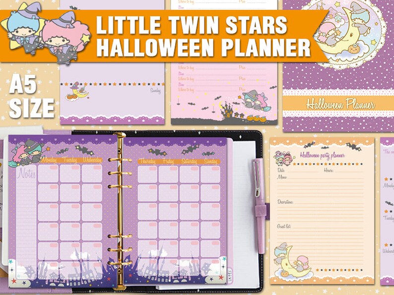 Puede incluir: Una agenda de tama&ntilde;o A5 con tem&aacute;tica de Halloween con los personajes de Little Twin Stars. La agenda es de color morado y blanco y tiene un calendario mensual, un planificador semanal y una secci&oacute;n para planificar una fiesta de Halloween. La portada presenta a los personajes de Little Twin Stars vestidos de brujas.