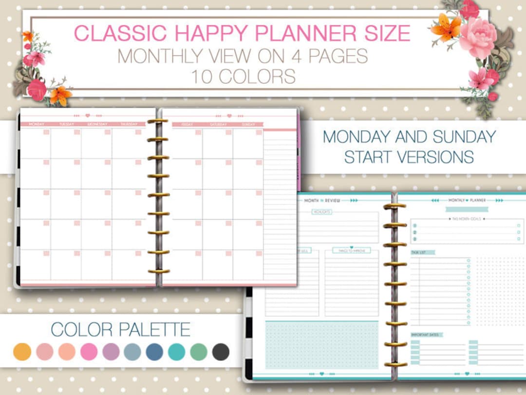 Monthly Planner Printable for Happy Planner; Elegant Monthly Calendar ...