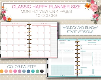 Monthly planner printable for Happy planner; elegant monthly calendar, 10 colors, includes monday and sunday start