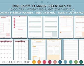 Mini Happy planner essential pack, weekly planner, monthly planner printable colorful planner inserts Notes pages, Planner kit, Planner pack