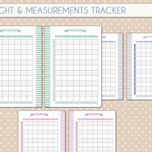 May include: Five printable weight and measurements tracker pages. Each page has a different color border: green, blue, pink, and gray. The pages are designed for tracking weight, chest, waist, hips, and thighs.