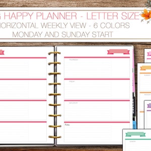 Planificador feliz, planificador semanal grande de tamaño carta, semana en dos páginas, lunes, inicio, domingo, inicio, diseño horizontal