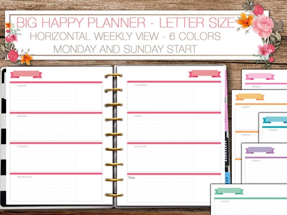 Happy planner big weekly letter size planner week on two pages monday start sunday start horizontal layout