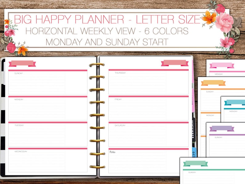 May include: A Big Happy Planner in letter size, featuring a horizontal weekly view with six color options. The planner has a Monday and Sunday start, with pink accents and a gold binding. Additional color options are displayed on the right.