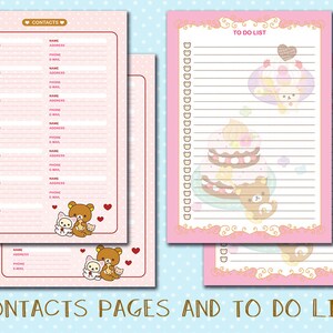 May include: Two pink printable pages with a cute cartoon bear design. One page is a contact list with fields for name, address, phone, and email. The other page is a to-do list with a check box list and a cute cartoon bear design.