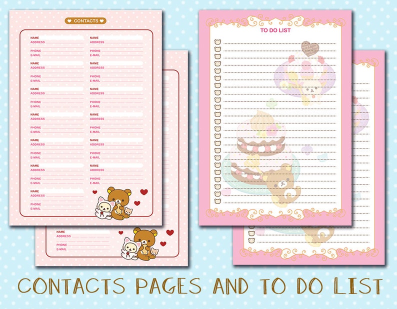 May include: Two pink printable pages with a cute cartoon bear design. One page is a contact list with fields for name, address, phone, and email. The other page is a to-do list with a check box list and a cute cartoon bear design.