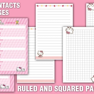 May include: Printable contact pages with a pink and white striped background and a cartoon character. The pages are labeled "Contacts Pages" and include fields for name, address, phone, and email. The pages also include a ruled page and a squared page.