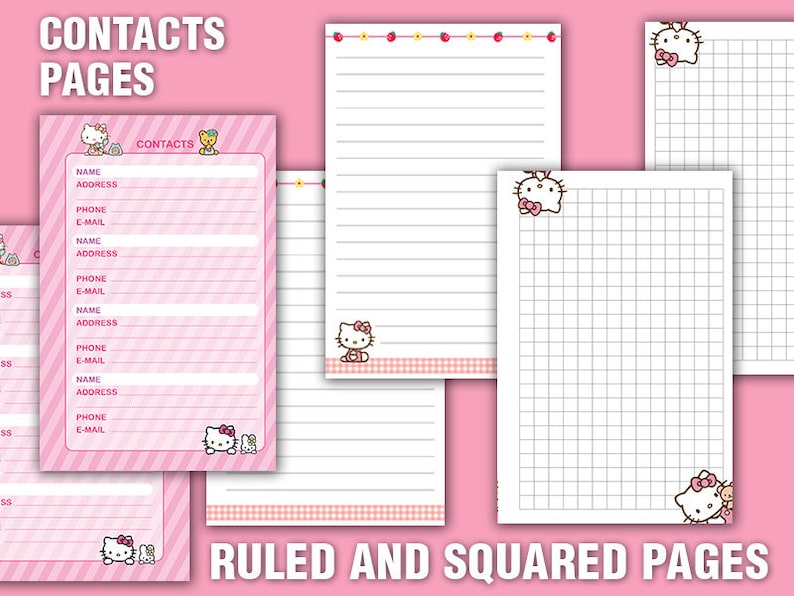 May include: Printable contact pages with a pink and white striped background and a cartoon character. The pages are labeled "Contacts Pages" and include fields for name, address, phone, and email. The pages also include a ruled page and a squared page.