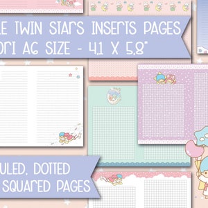 Może przedstawiać: Zestaw 24 drukowanych wkładów do notesu podróżnego Midori. Wkłady mają różne wzory, w tym strony liniowane, kropkowane i kratkowane. Wkłady są ozdobione motywem Little Twin Stars, z postaciami Kiki i Lala. Wkłady mają wymiary 10,4 cm x 14,7 cm.
