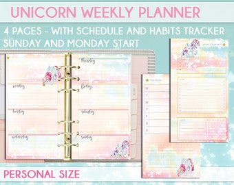 Filofax personal unicorn weekly undated planner printable refills monday start sunday start inserts instant download habit tracker to do