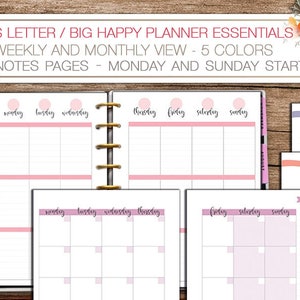 Tamaño carta Big Happy planificador imprimible planificador semanal y mensual inserta notas páginas calendario 8.5x11 pulgadas, WO2P, diseño vertical