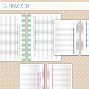 May include: Five printable habit tracker sheets with a grid layout and monthly calendar. The sheets are in black and white with colored stripes on the side. The text "HABITS TRACKER" is at the top of the page.