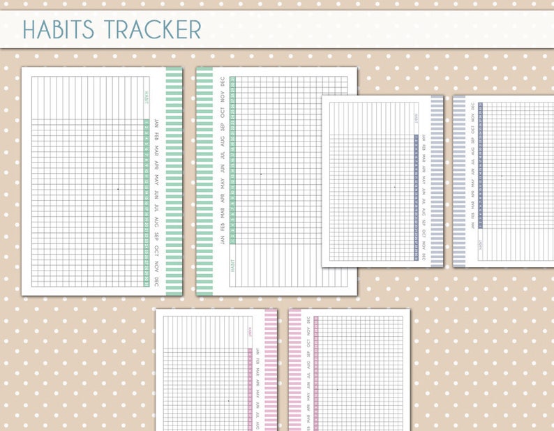 May include: Five printable habit tracker sheets with a grid layout and monthly calendar. The sheets are in black and white with colored stripes on the side. The text "HABITS TRACKER" is at the top of the page.