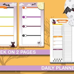 Puede incluir: Un planificador semanal imprimible de tem&aacute;tica de Halloween con un gato negro y un fantasma. El planificador tiene dos p&aacute;ginas, una para la semana y otra para un planificador diario. El planificador diario tiene secciones para una lista de tareas, comidas y notas.