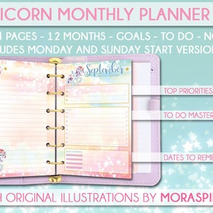 May include: A pink and blue unicorn-themed monthly planner with a watercolor background. The planner includes a notes section, a weekly calendar, and sections for top priorities, to-do lists, and dates to remember. The planner is designed for use with a disc-bound system.