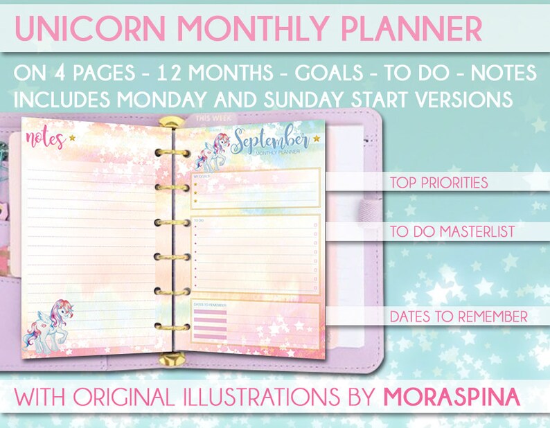 May include: A pink and blue unicorn-themed monthly planner with a watercolor background. The planner includes a notes section, a weekly calendar, and sections for top priorities, to-do lists, and dates to remember. The planner is designed for use with a disc-bound system.