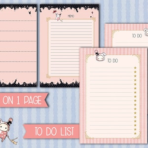 May include: Three printable planner pages with a pink and white striped background. The pages feature a cute cartoon bunny wearing a hat and holding a balloon. The top page says "TO DO" and has a list of stars down the right side. The middle page says "TO DO" and has a blank list. The bottom page says "MEMO" and has a blank list.