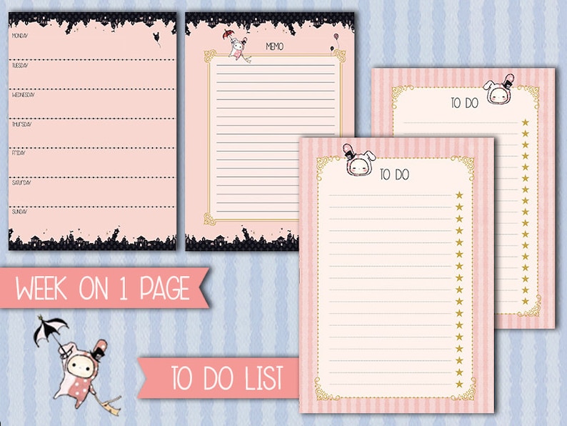 May include: Three printable planner pages with a pink and white striped background. The pages feature a cute cartoon bunny wearing a hat and holding a balloon. The top page says "TO DO" and has a list of stars down the right side. The middle page says "TO DO" and has a blank list. The bottom page says "MEMO" and has a blank list.