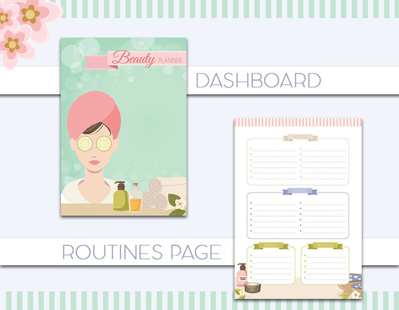 May include: A printable beauty planner with a green and pink cover featuring a woman with cucumber slices on her eyes. The planner includes a dashboard, routines page, and sections for tracking skincare, hair care, and makeup.
