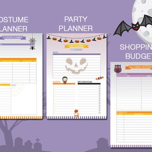 Puede incluir: Planificador de Halloween imprimible con tres secciones: Planificador de disfraces, Planificador de fiestas y Presupuesto de compras. Cada secci&oacute;n tiene una lista de verificaci&oacute;n y espacio para notas. El dise&ntilde;o presenta un fondo morado con ilustraciones de tem&aacute;tica de Halloween.