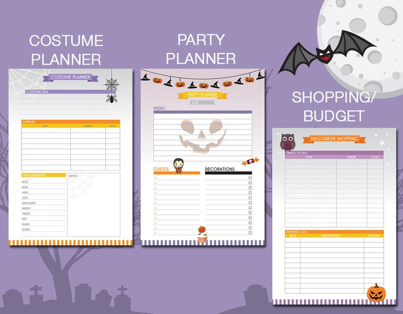 Puede incluir: Planificador de Halloween imprimible con tres secciones: Planificador de disfraces, Planificador de fiestas y Presupuesto de compras. Cada secci&oacute;n tiene una lista de verificaci&oacute;n y espacio para notas. El dise&ntilde;o presenta un fondo morado con ilustraciones de tem&aacute;tica de Halloween.