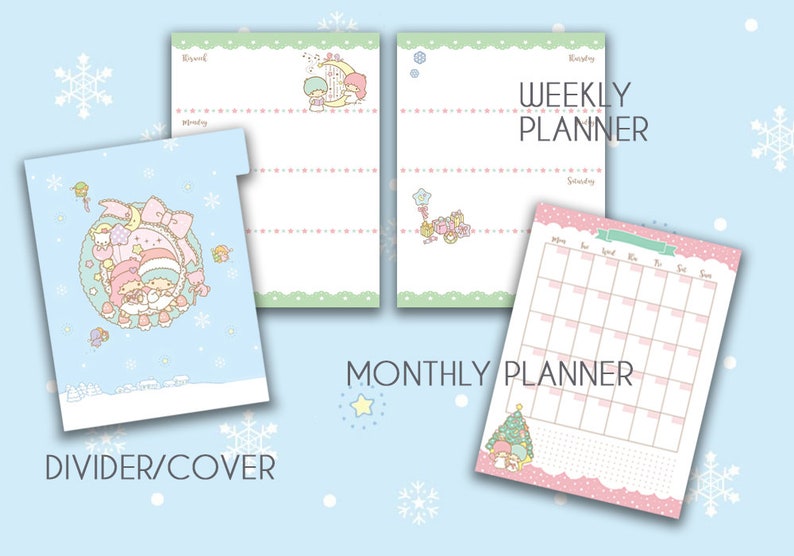 Puede incluir: Un conjunto de p&aacute;ginas de planificador imprimibles con personajes de Little Twin Stars en un tema de invierno. Las p&aacute;ginas incluyen un divisor/portada, un planificador semanal y un planificador mensual.